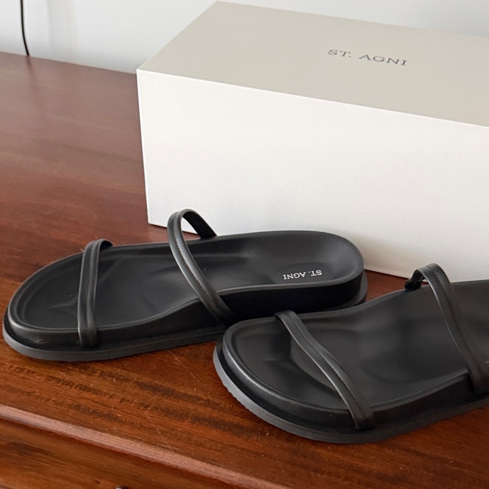 St. Agni Black Double-Strap Slide Sandals